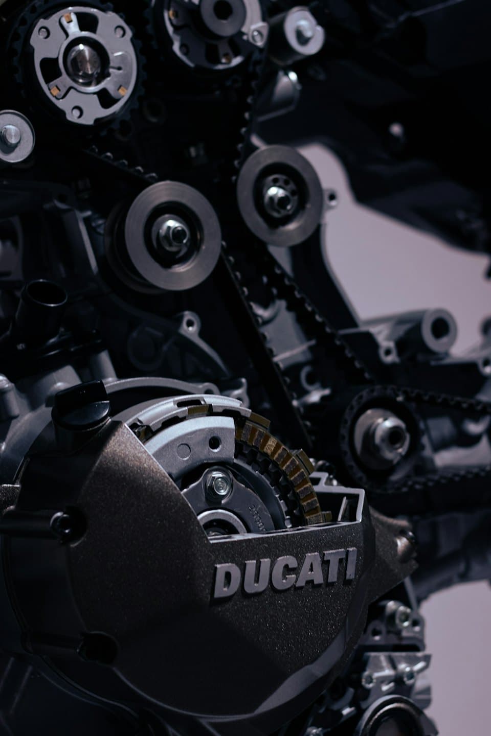Motorcycle engine gears and clutch assembly.